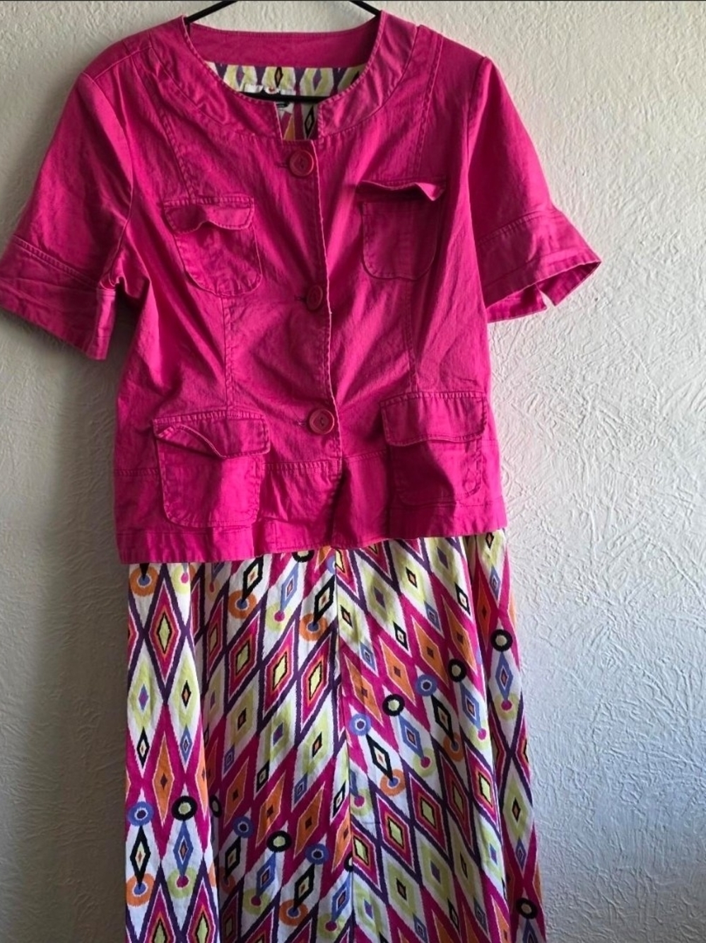 Robert Louis Vintage Hot Pink Jacket with Multicolor Diamond-Print Skirt Set